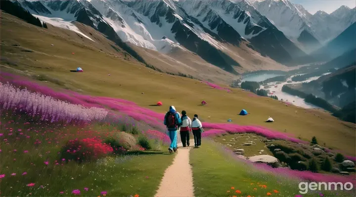 Walking Shot (4K): The Fairy Meadows, a carpet of wildflowers blooming at the foot of Nanga Parbat, unfold their magic. A young Pakistani mountaineer (23) walks along a narrow path, greeting fellow climbers with a nod. Reaching a secluded spot nestled amidst a cluster of colorful tents filled with international explorers, he kneels on a simple prayer rug. The vastness and power of the surrounding peaks inspire his silent prayer.