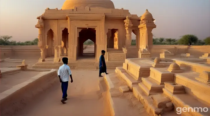 Walking Shot (4K): The Thatta Kel Macchi Tombs, a necropolis of intricately carved sandstone mausoleums, stand sentinel against the backdrop of a vibrant sunset. A young Pakistani archaeologist (23) walks through the serene grounds, passing a group of tourists admiring the architecture. Reaching a secluded spot beside a particularly ornate tomb, bathed in the warm glow of the setting sun, he kneels on a prayer rug. The silence is broken only by the call of a lone bird soaring overhead.