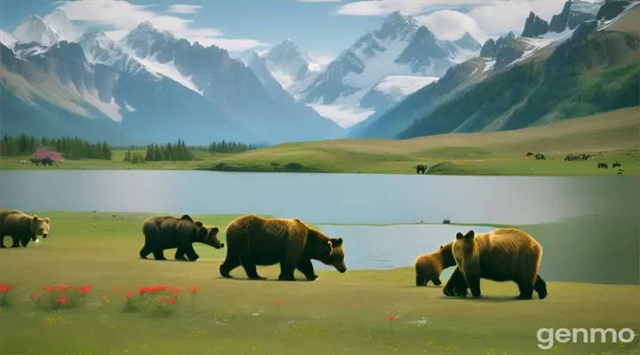 Lush meadows, a canvas of wildflowers, unfurl beneath a cerulean sky. A young Pakistani conservationist (23) walks, spotting a herd of endangered brown bears. Nomadic shepherds, their faces weathered by time, greet him with a nod, their sheepdogs barking a friendly welcome. Reaching a crystal-clear lake mirroring the snow-capped peaks, he kneels on a vibrant rug. The shepherds pause, their eyes filled with a shared respect for the land. He raises his hands in prayer, offering blessings for the continued harmony between humans and nature.