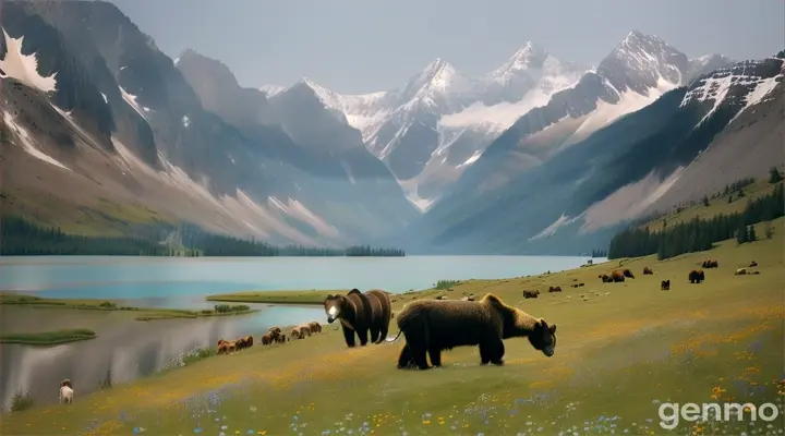 Lush meadows, a canvas of wildflowers, unfurl beneath a cerulean sky. A young Pakistani conservationist (23) walks, spotting a herd of endangered brown bears. Nomadic shepherds, their faces weathered by time, greet him with a nod, their sheepdogs barking a friendly welcome. Reaching a crystal-clear lake mirroring the snow-capped peaks, he kneels on a vibrant rug. The shepherds pause, their eyes filled with a shared respect for the land. He raises his hands in prayer, offering blessings for the continued harmony between humans and nature.