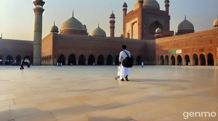 The Badshahi Mosque's majestic white marble façade dominates the bustling streets. A young Pakistani student (23) navigates the throng, his backpack heavy with books. Reaching a quiet corner in the vast, intricately tiled courtyard, he unfurls his prayer rug and kneels. Fellow students join him, their voices weaving together in a melodious recitation. A group of tourists pause, awed by the scene, a testament to the unifying power of faith. An elderly man, a regular at the mosque, offers a kind smile, silently sharing a moment of shared devotion.