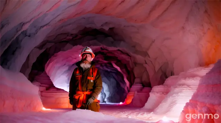 Deep within the Khewra Salt Mines, a labyrinth of pink, orange, and white tunnels unfolds. A young miner (23) walks, his headlamp illuminating the shimmering crystals. Reaching a cavern with a natural salt dome, he kneels on a simple salt-carved rug. Miners working nearby pause, their faces reflecting the hardship and camaraderie of their lives. He offers a silent prayer, his words echoing in the cavern, a plea for their safety in the heart of the earth. An older miner, his beard dusted with salt, offers a nod of solidarity, a silent prayer shared in the harsh beauty of the mine.