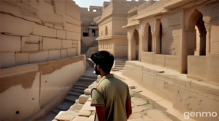 A young Pakistani architect (23) threads through Mohenjo-daro's ancient streets, whispers of the past swirling around him. Tourists snap photos, their chatter a distant hum. Reaching a serene spot overlooking the Great Bath, he unfurls his prayer rug. As he kneels, a group of children, eyes wide with curiosity, peek from behind crumbling walls. He smiles, a bridge between past and future built on a silent prayer.