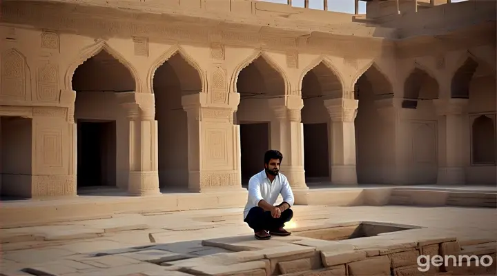 A young Pakistani architect (23) threads through Mohenjo-daro's ancient streets, whispers of the past swirling around him. Tourists snap photos, their chatter a distant hum. Reaching a serene spot overlooking the Great Bath, he unfurls his prayer rug. As he kneels, a group of children, eyes wide with curiosity, peek from behind crumbling walls. He smiles, a bridge between past and future built on a silent prayer.