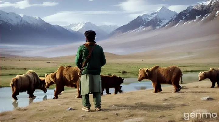 Lush meadows, a canvas of wildflowers, unfurl beneath a cerulean sky. A young Pakistani conservationist (23) walks, spotting a herd of endangered brown bears. Nomadic shepherds, their faces weathered by time, greet him with a nod. Reaching a crystal-clear lake mirroring the snow-capped peaks, he kneels on a vibrant rug. The shepherds pause, a silent prayer echoing their own reverence for the land.