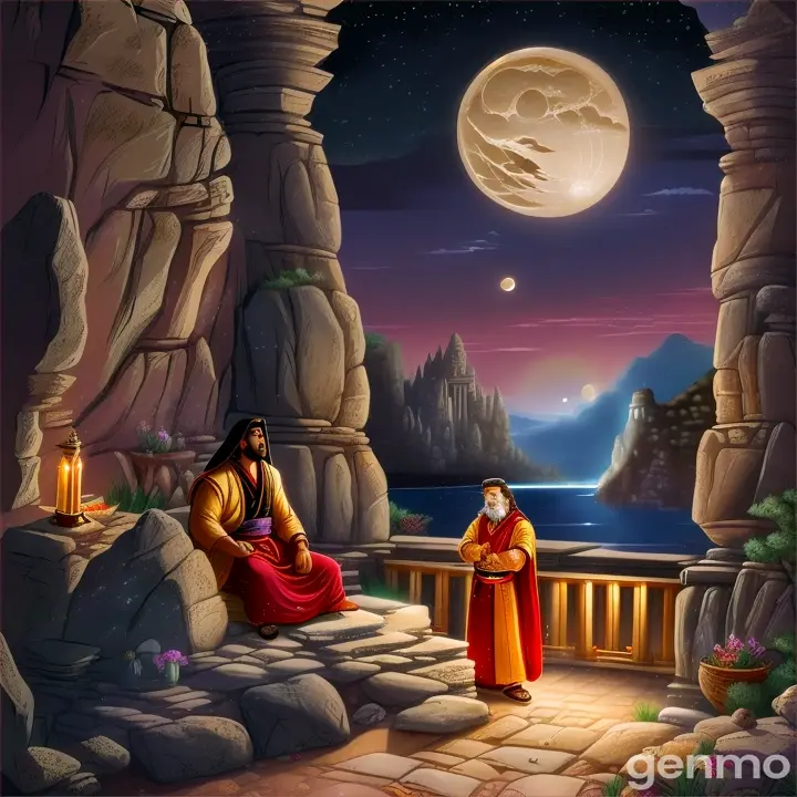 Describe the moment Ali Baba first overheard the thieves and discovered the magical words "Open, Sesame!" that opened the hidden cave.