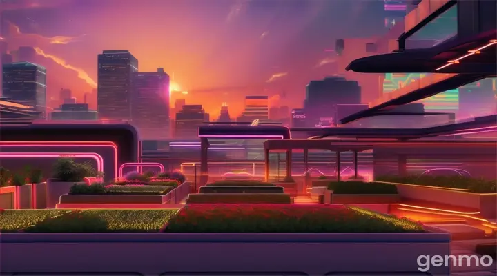 Rooftop garden in the city at sunset, ambient neon lighting, digital illustration