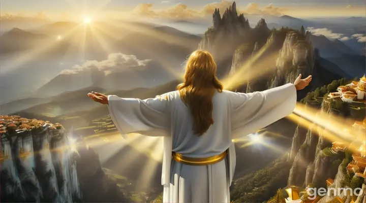 Jesus with his hands raised in Israel Create an epic and majestic scene of Jesus Christ hovering in heaven with open arms in a redemptive gesture. He's wearing a white tunic with gold accents that flutters dramatically. Jesus has a bright golden aura around him and his gaze is serene and benevolent. Below it is a mountainous landscape, com um vilarejo pequeno situado entre as montanhas. The sky in the background is in a vibrant shade of blue, com algumas nuvens brancas. Rays of light seem to emanate from Jesus' outstretched hands toward the earth. Depict every detail of the scene with maximum clarity, dramaticidade e sentido de movimento, conveying the feeling of a divine and saving moment. The focus is on the figure of Jesus hovering majestically over the earth, radiating hope and redemption.