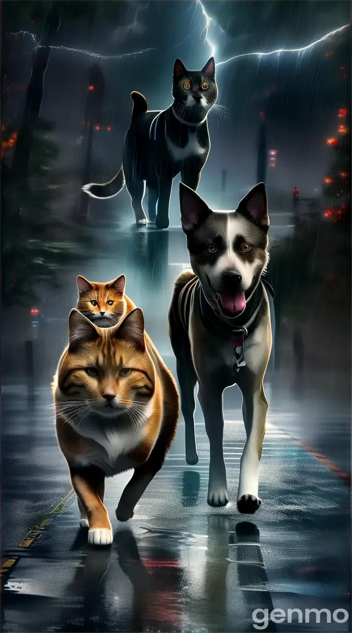a dog and a cat walking in the rain