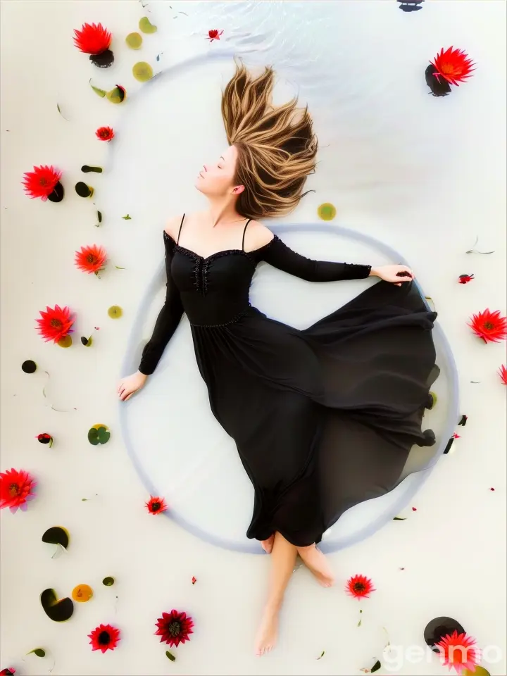 A woman in a black dress reclining on a calm, reflective pond among floating water lilies