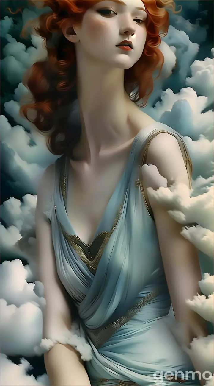 a painting of a woman with red hair in the clouds
