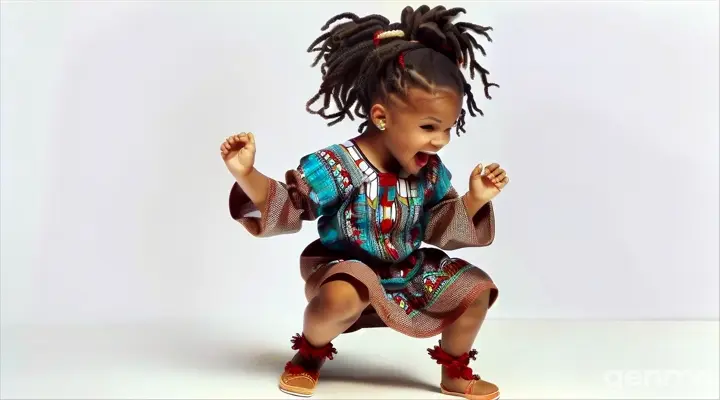 a little girl with dreadlocks dancing on a white background