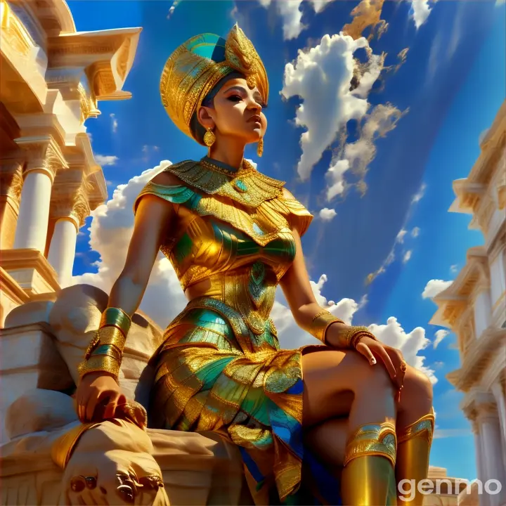 a woman in a golden dress sitting on a statue