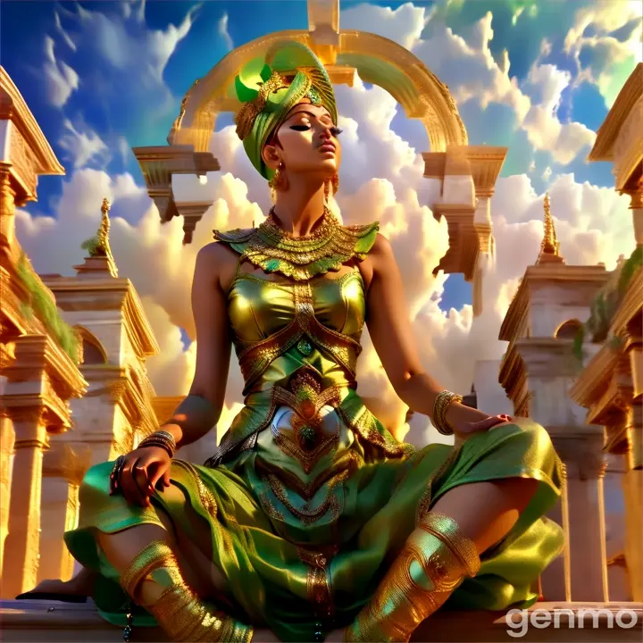 a woman in a green dress sitting on a ledge