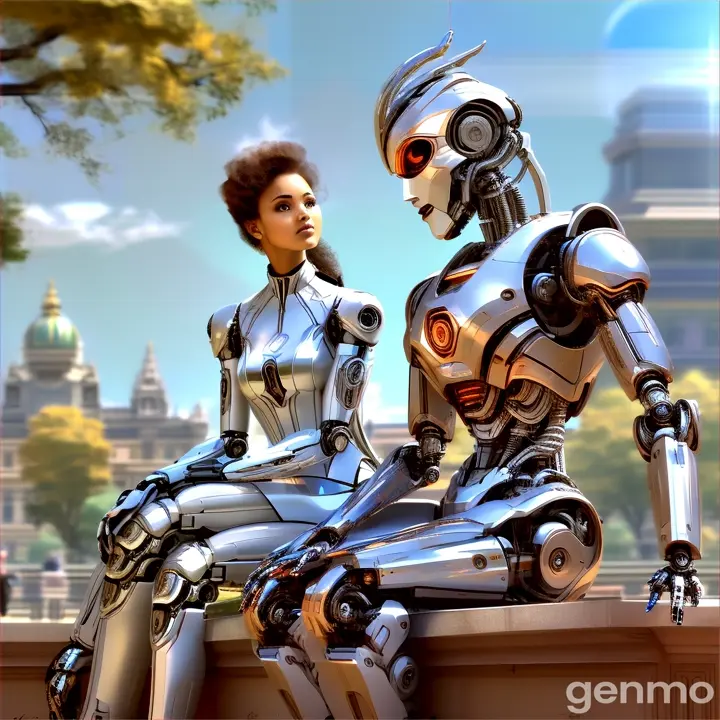 a woman sitting on a ledge next to a robot