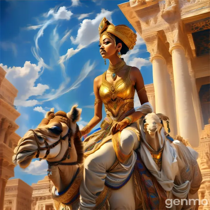 a painting of a woman riding a camel