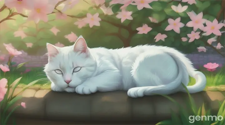 Cartoon very beautiful 1 white cat sleeping in garden 