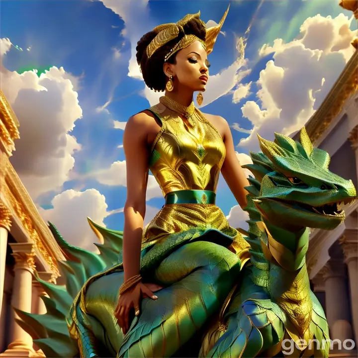 a woman in a gold dress riding a green dragon