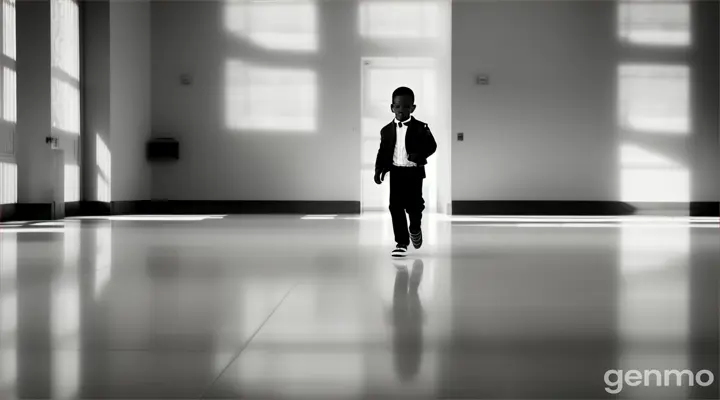 a young African boy walking briskly across a white floor