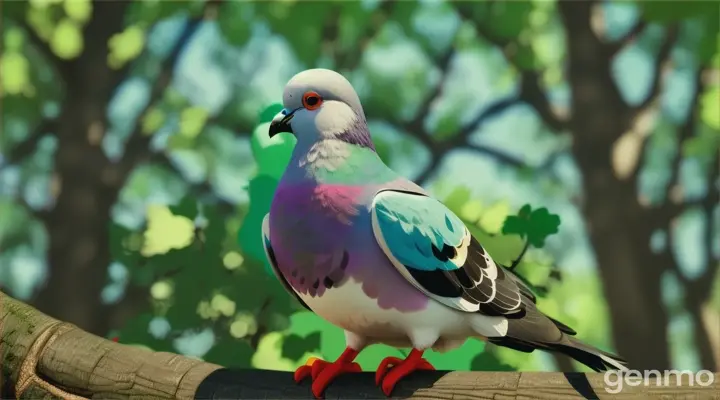 playfull cartoon of a pigeon under a tree in a forest  in 16:9 ratio