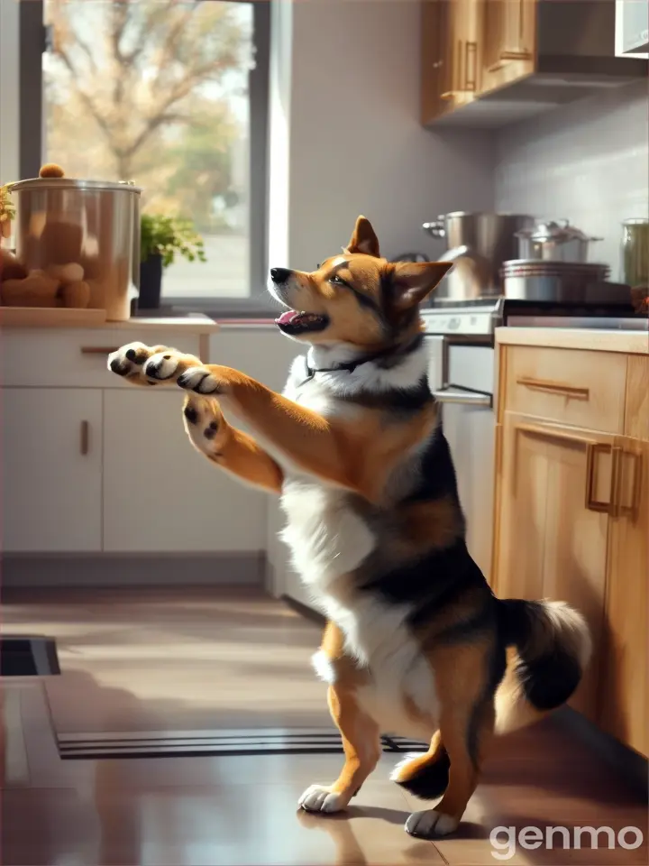 A dog on its hind legs, reaching up to the kitchen counter to snag food from waiting plates.