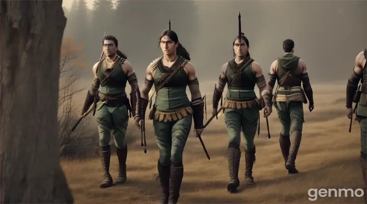 Prompt: a group of young Duralios hunters prepares to set out. They have athletic bodies marked by scars, symbols of their bravery and experience. They carry wooden spears with sharp stone tips and wear light clothing for agility. Their chests are crossed by leather straps holding small pouches of provisions, and their faces are painted with red clay for protection and camouflage."