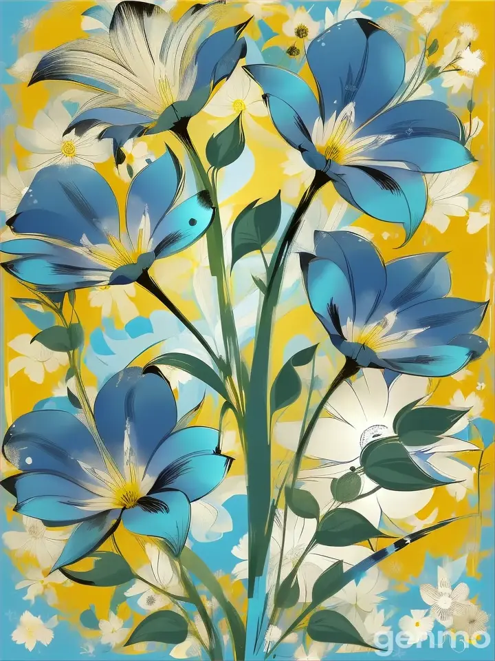 Drawing (brushstrokes with strokes, dashes, blots): sway three stems stylized morning glory flower against a background of blue sky and stylized sun with rays. On an abstract pop art background with spots and strokes in yellow-blue and violet shades. Flowers: blue color. Рисунок (мазки со штрихами, черточками, кляксами): качаются три стилизованных стебля ипомея flowers. на фоне голубого неба и стилизованного солнца с лучами. На абстрактном фоне поп-арта с пятнами и штрихами в желто-синих и лиловых оттенках. Цветки: ГОЛУБОЙ цвет.
