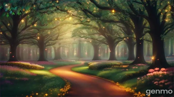 A path twisted in a tree canopy, with star-shaped flowers and a glowing path overhead