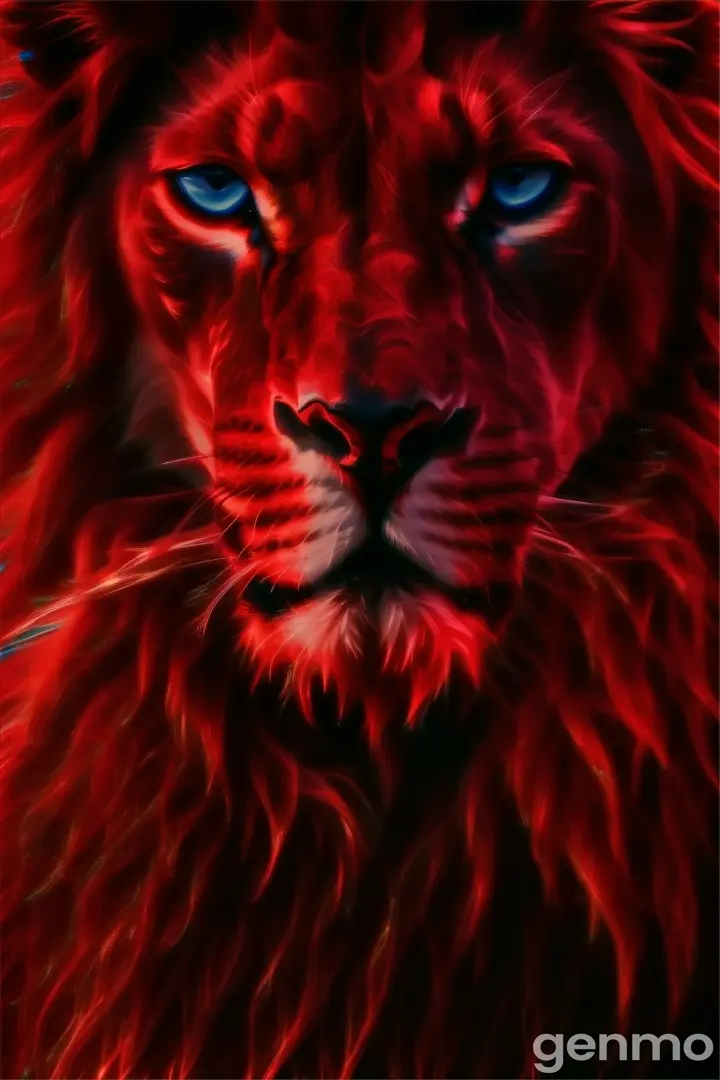 a close up of a red lion with blue eyes