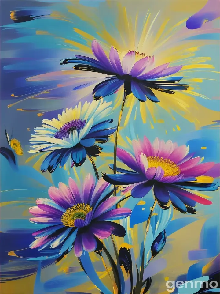 Drawing (brushstrokes with strokes, dashes, blots): sway three stems stylized  chrysanthemum flower against a background of blue sky and stylized sun with rays. On an abstract pop art background with spots and strokes in yellow-blue  and violet shades. Flowers: blue color. 
Рисунок (мазки со штрихами, черточками, кляксами): качаются  три стилизованных стебля хризантема flowers. на фоне голубого неба и стилизованного солнца с лучами. На абстрактном фоне поп-арта с пятнами и штрихами в желто-синих и лиловых оттенках. Цветки: ГОЛУБОЙ цвет.
