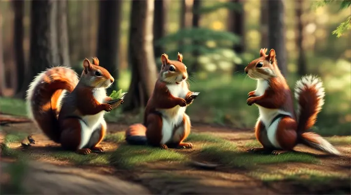 squirrels by cabin in the woods