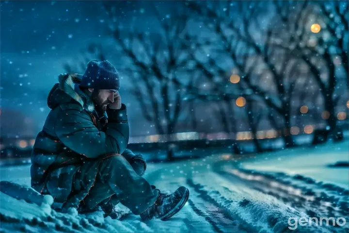 a man sitting in the snow at night