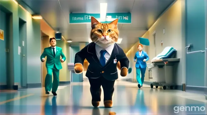 a cat in a suit running down a hospital hallway