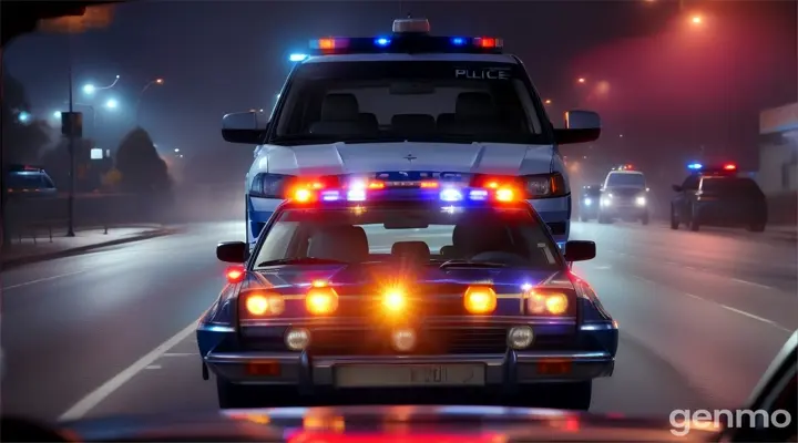 "A dark road at night with a police car driving, Urmila and her child sitting in the backseat, looking worried."