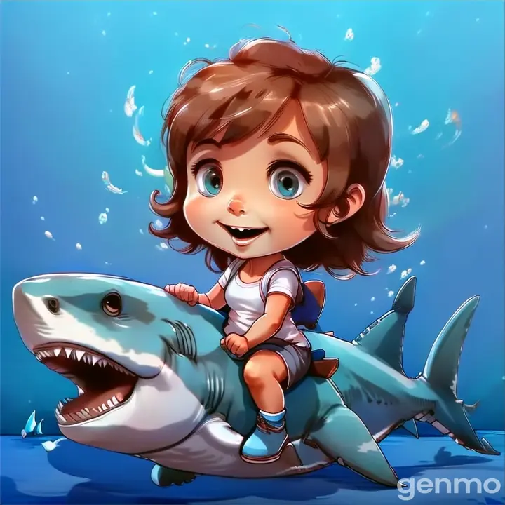 a little girl riding on the back of a shark