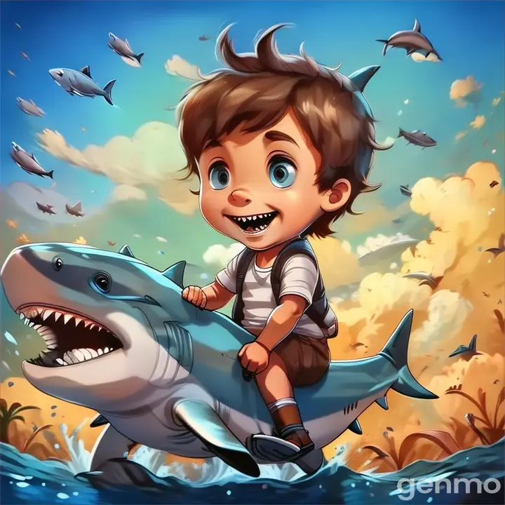 a boy riding a shark in the ocean