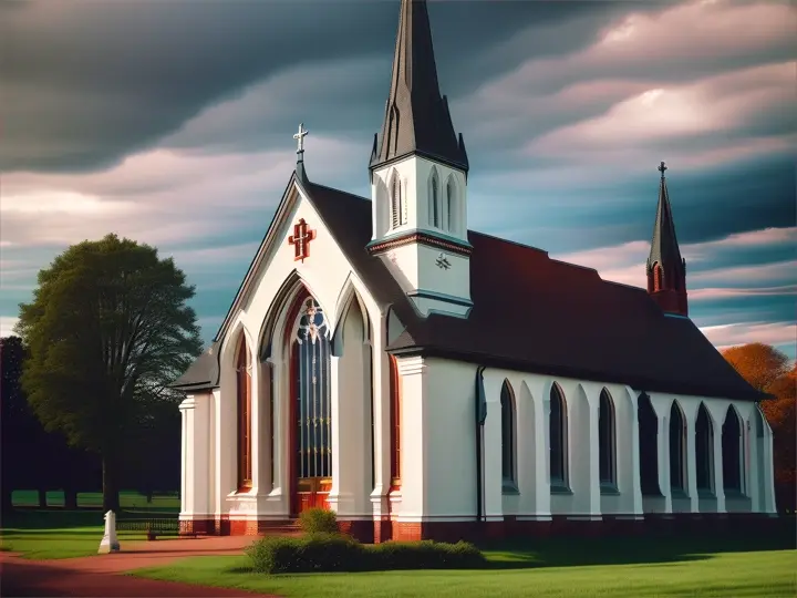 white country church with stained glass