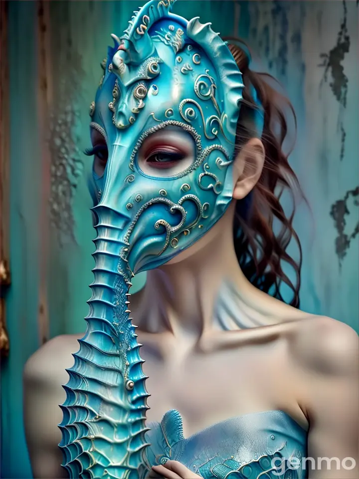 a woman wearing a seahorse mask moving and breathing lifelike. 