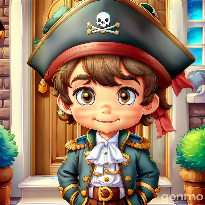 a boy in a pirate costume standing in front of a door