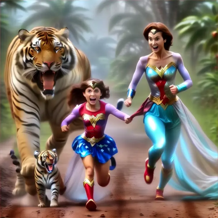 a little wonder-woman   running away from huge tiger