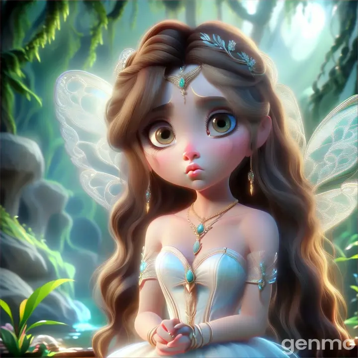 a beautiful fairy with wings wearing  white lehengaa  long hair, big  eyes sadly talking  in jungle   3D  animation cartoon