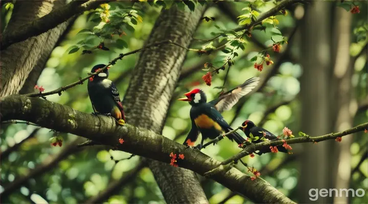 in the forest landscape, monkeys swinging from branch to branch, chattering and playing. Close-up of a woodpecker pecking at a tree trunk, the sound resonating through the forest. crows cawing and flying in groups, adding to the lively atmosphere.
bees buzzing around colorful flowers, collecting nectar. the lush greenery of the dense forest the forest canopy filled with various animals living harmoniously. different wild animals interacting lovingly: deer grazing, a family of monkeys playing, and birds flying between trees. The scene is rendered in vibrant 3D, with rich, saturated colors and detailed textures to bring the environment to life.