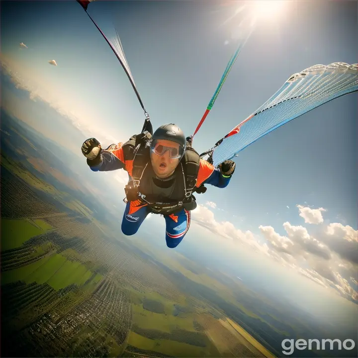 Skydiver plunging through a crystal clear blue sky, 

parachute yet to be deployed, 

vibrating with the rush of adrenaline, 

clutching the handles tensely, 

background a blur of greens and browns of the distant terrain below, 

skydiving gear visible with stark contrast, 

sunlight diffusing gently through thin clouds, 

sense of descent accentuated by the push against the atomsphere, 

high altitude, 

dynamic angle, 

immersive, 

octane rendering, 

ultra