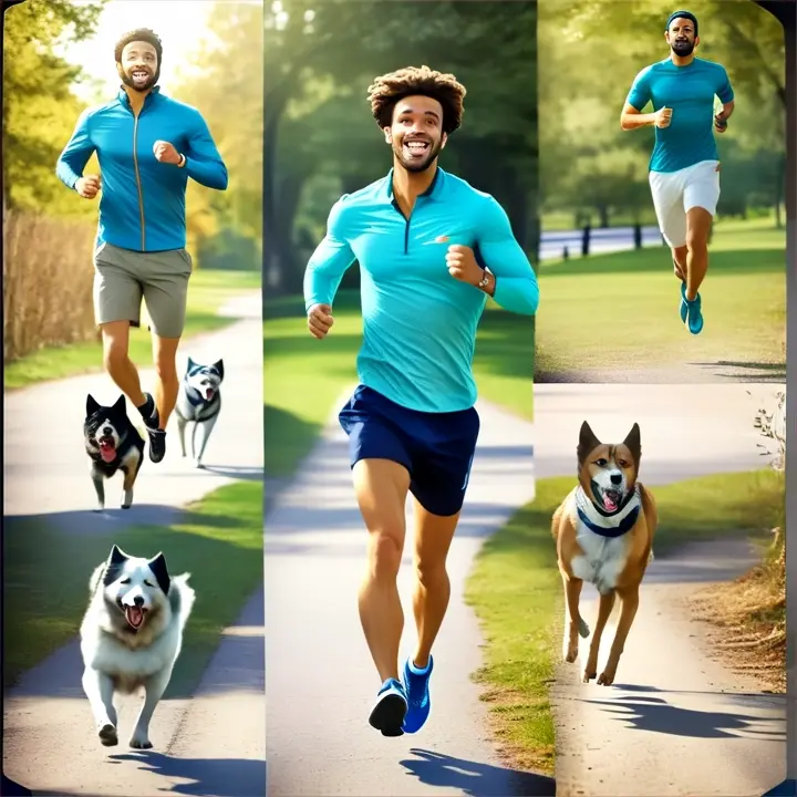 a collage of photos of a man running with his dogs