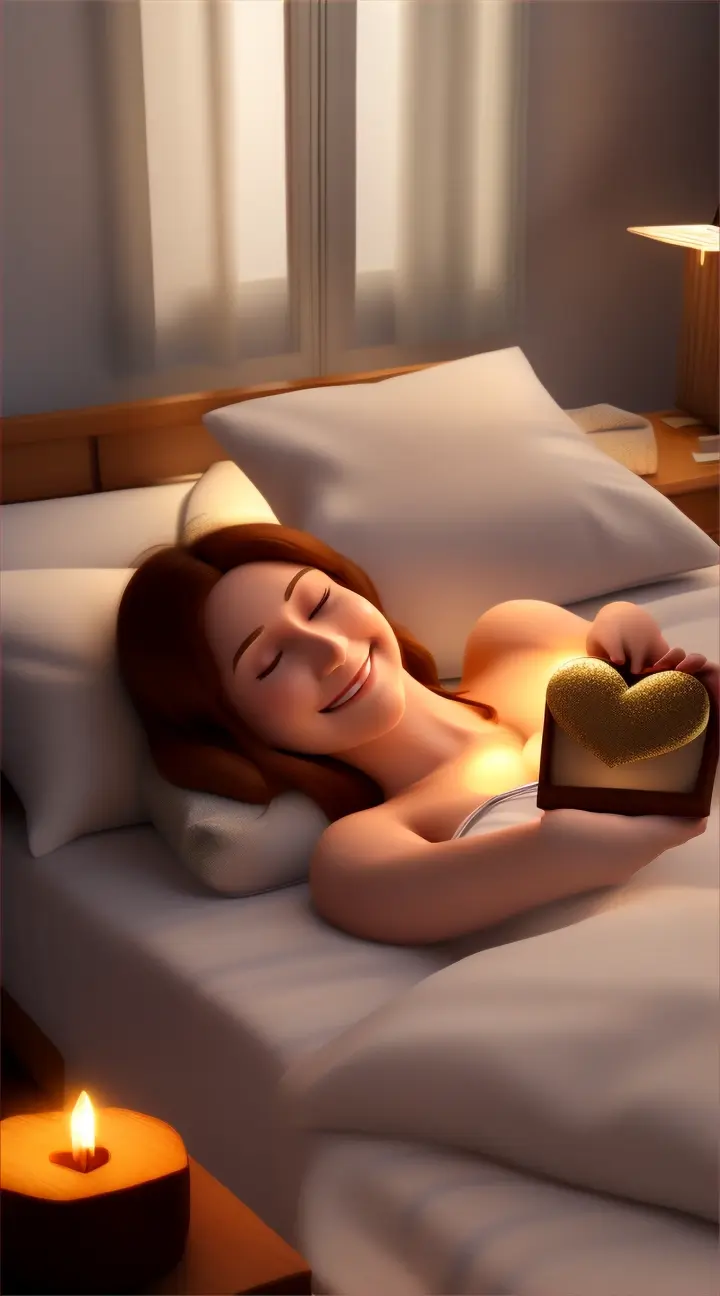 Animate Emily’s mother, lying in bed, receiving the wooden heart and holding it close, smiling as she feels the love embedded in it.