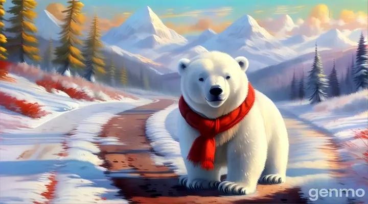 a painting of a polar bear on a snowy path