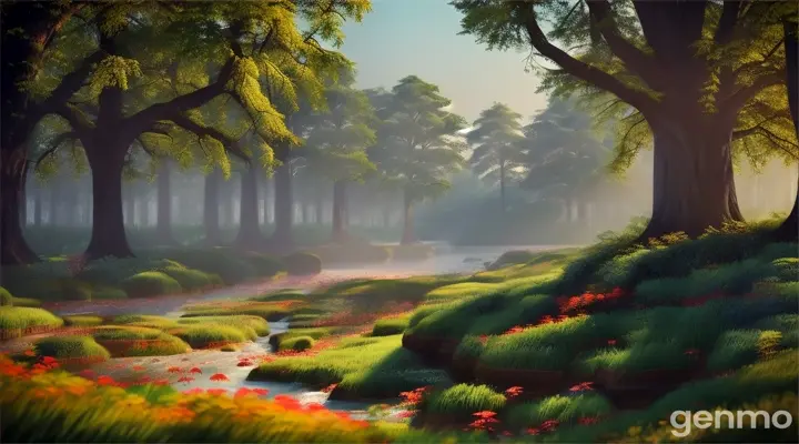 in the forest landscape,Wide shot of the forest near the Sutlej River, with towering trees and vibrant foliage.
Close-up shots of different flowers and leaves, showcasing the variety and richness of the forest environment.The scene is rendered in vibrant 3D, with rich, saturated colors and detailed textures to bring the environment to life.”