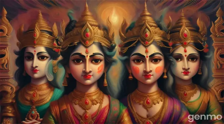 generate to me a picture of a bunch of hinduism gods making a worried face to each other