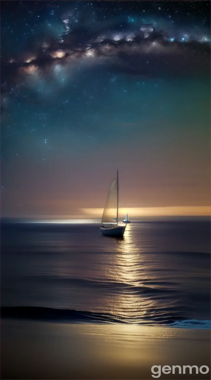 A clear night sky filled with stars over a sparkling ocean with a lone sailboat on the horizon