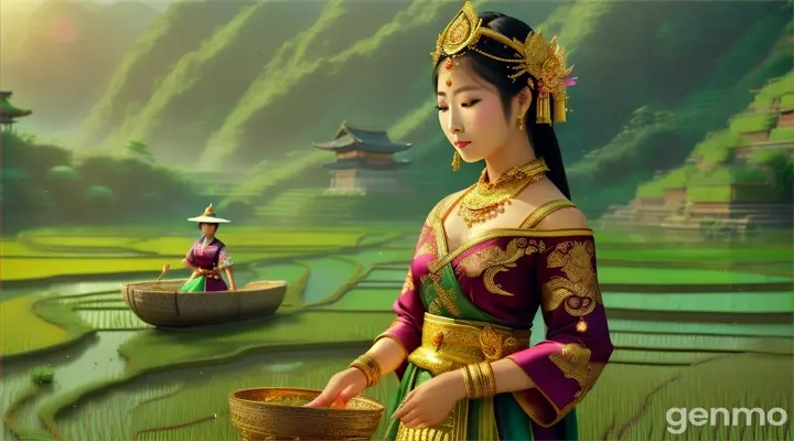 generate to me a picture of a female god disguising as a villagers, the setting is at a rice field